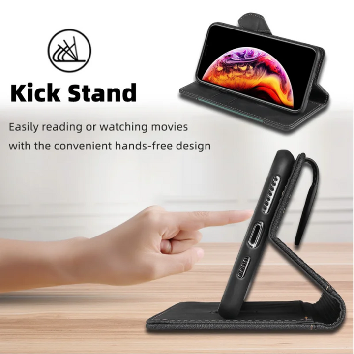 Elegante schwarze iPhone Flip-Lederhülle mit magnetischem Verschluss, bietet Stoßschutz & Wallet-Funktion.