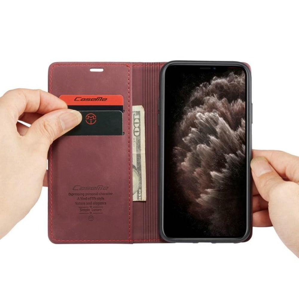 Hochwertige iPhone Klapphülle, magnetisches Wallet-Design für iPhone 16/15/14, mit Fächern für Karten.