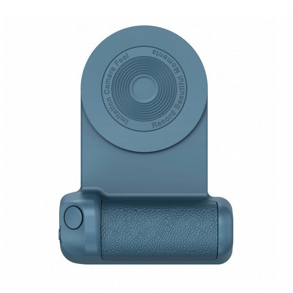 Stylischer blauer magnetischer Smartphone Grip mit integrierter kabelloser Ladefunktion für komfortable Aufnahmen.
