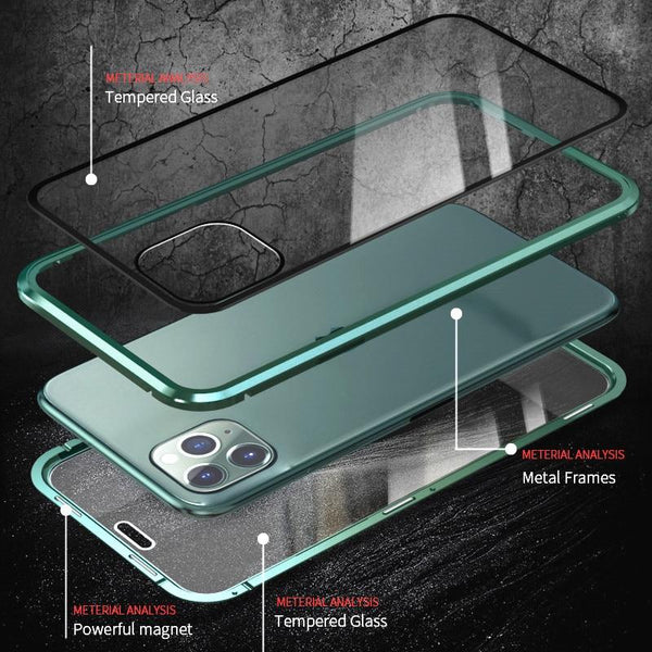 Handy in PrivaGuard iPhone Magnethülle mit Datenschutz: Anzeige von vorne klar, von der Seite dunkel.