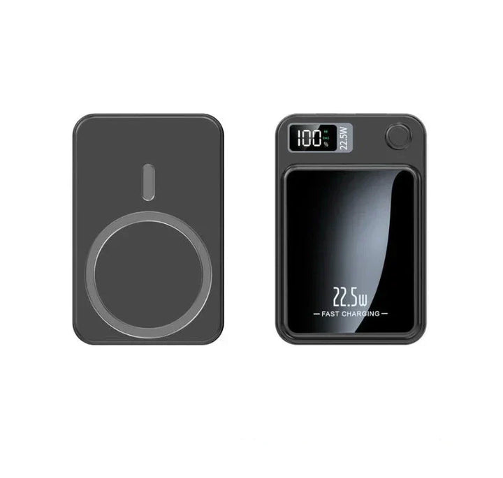 Kompakte, tragbare MagCharge Mini Powerbank (schwarz) mit Magnetfunktion für kabelloses Schnellladen von Mobilgeräten.