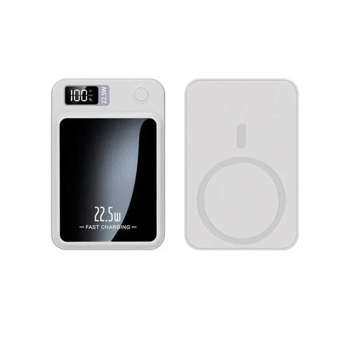 Weiße magnetische Powerbank MagCharge Mini für iPhone & Android. Ideales kabelloses Ladezubehör für Reise & Alltag.