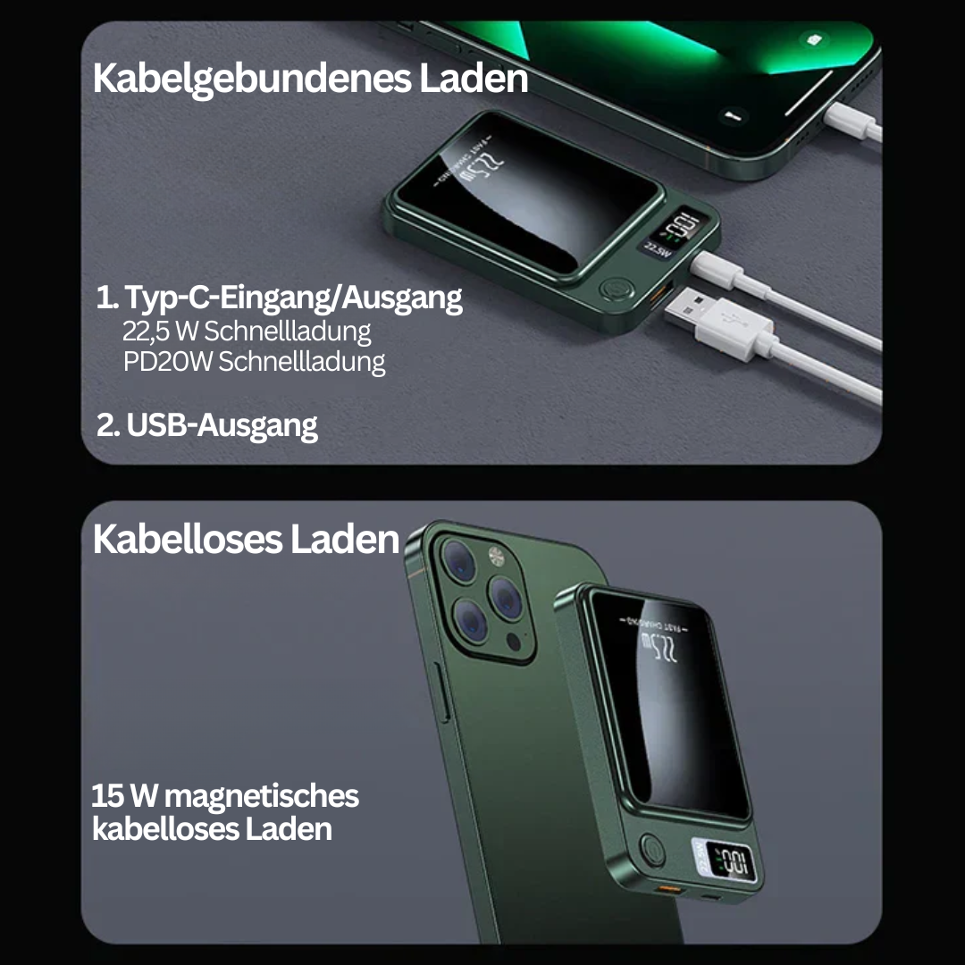 MagCharge Mini: Grüne magnetische Powerbank mit kabellosem Schnellladen. Kompakt, mobil & perfekt für Smartphones.