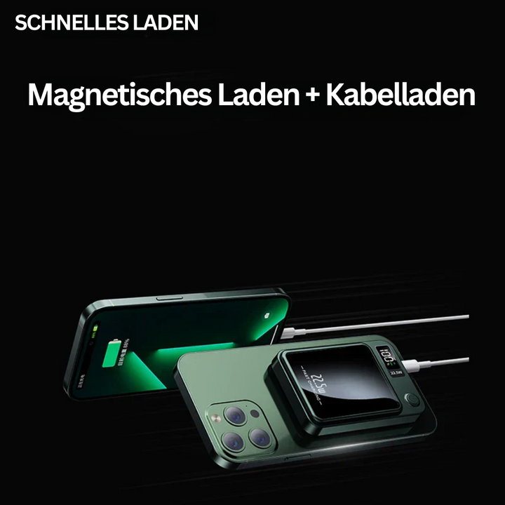 Schwarze magnetische Powerbank MagCharge Mini für schnelle, kabellose Akkuladung von Smartphones und Tablets.