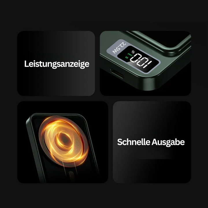 Elegante, weiße MagCharge Mini Powerbank. Magnetisches Design für müheloses, kabelloses Laden unterwegs. Kompaktes Format.
