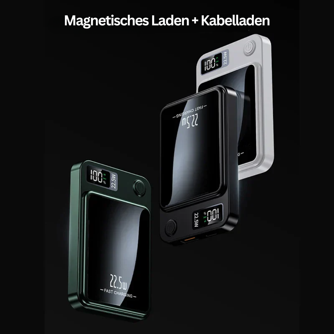 Grüne MagCharge Mini Powerbank für unterbrechungsfreies, kabelloses Laden. Dein mobiles Ladezubehör für jeden Tag.