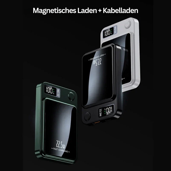 Grüne MagCharge Mini Powerbank für unterbrechungsfreies, kabelloses Laden. Dein mobiles Ladezubehör für jeden Tag.