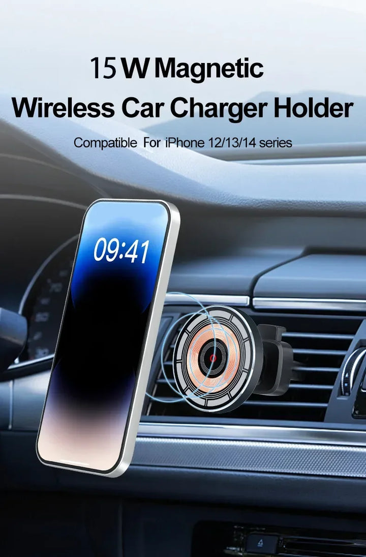 Magnetische Kfz-Halterung mit 15W kabelloser Schnellladung für Smartphones; Auto Zubehör, Magsafe kompatibel.