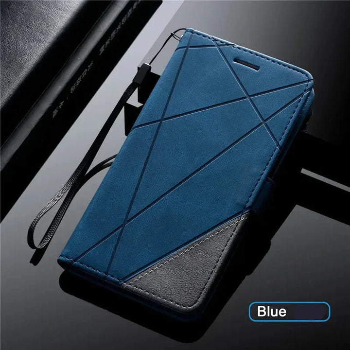 Rückseite der Leder Portemonnaiehülle für Samsung Galaxy A mit Kameraausschnitt und Logo.