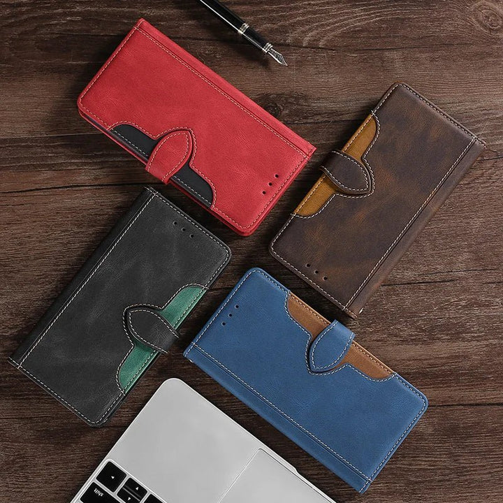 Schwarze magnetische Leder Wallet Handyhülle für iPhone Modelle. Robuster Schutz mit Kartenfächern und Standfunktion.