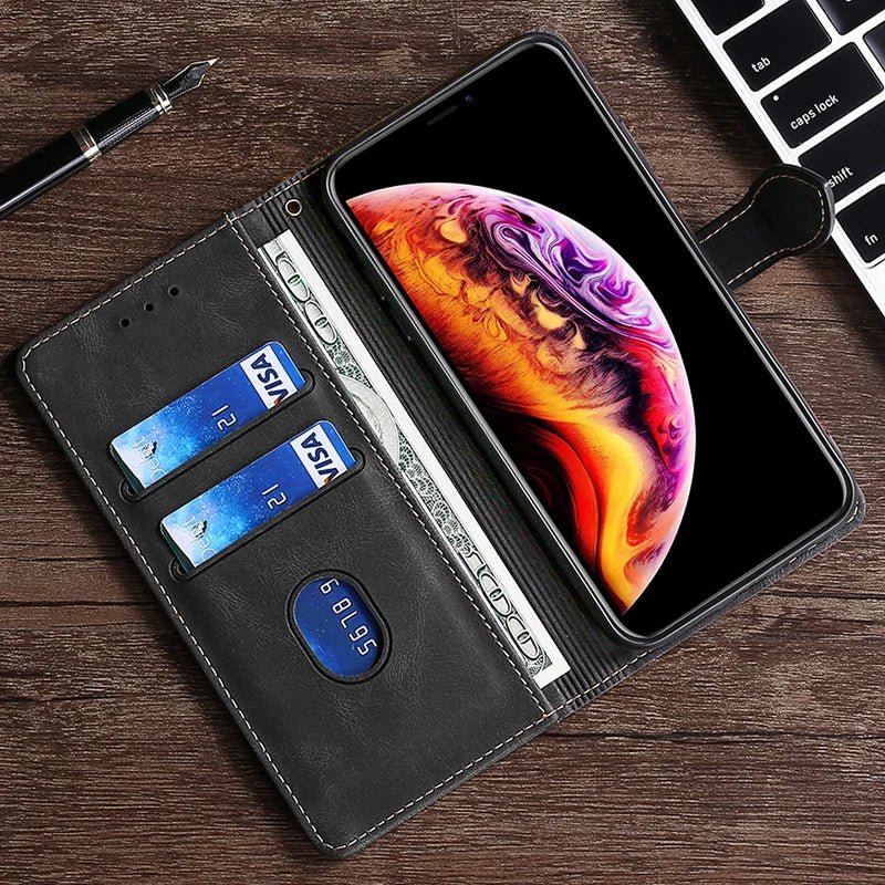 Edle blaue Leder Wallet Handyhülle für iPhone. Magnetische Schutzhülle mit Kartenhalter und eleganter Optik.