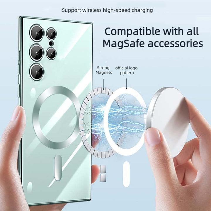 Kristallklare magnetische Handyhülle, transparent, stoßfest, ideal für kabelloses Laden.