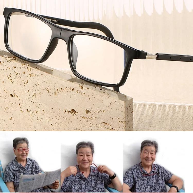 Frau arbeitet am Computer, trägt magnetische Blaulichtfilter-Lesebrille. Augenschutz im Büro.