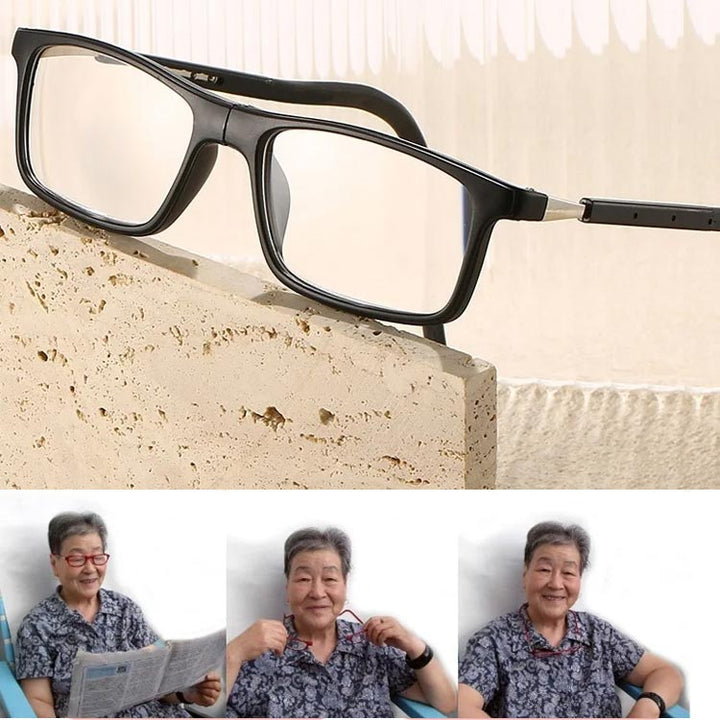 Frau arbeitet am Computer, trägt magnetische Blaulichtfilter-Lesebrille. Augenschutz im Büro.