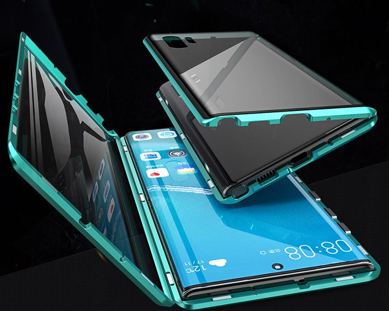 Magnetische Panzerglas-Handyhülle für Samsung, stoßfester Rundumschutz aus Glas und Metall.