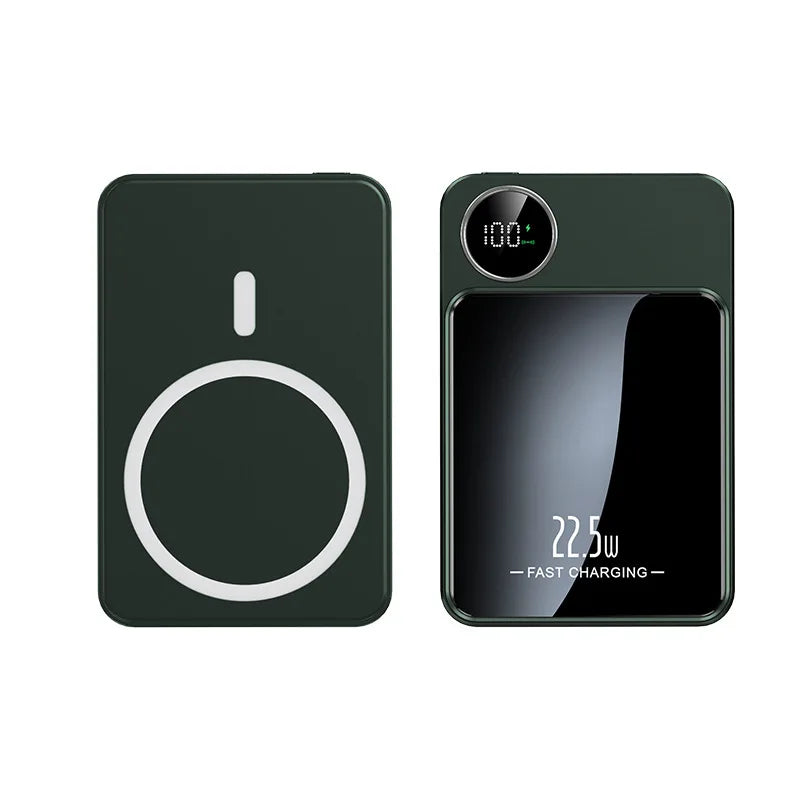 Bequeme magnetische Powerbank für iPhone. Kabelloses Schnellladen für mobile Geräte. Externer Akku.