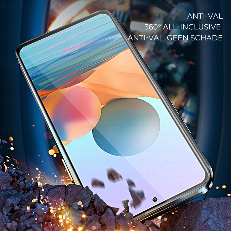Detailaufnahme der roten magnetischen S21 Handyhülle, präzise gefertigtes Glas-Metall-Case.