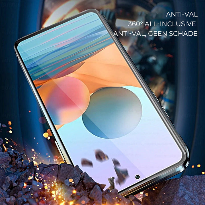 Detailaufnahme der roten magnetischen S21 Handyhülle, präzise gefertigtes Glas-Metall-Case.