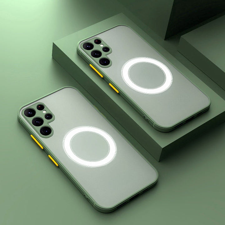 Magnetische stoßfeste Samsung Handyhülle. Elegantes Slim Cover in Dunkelgrün für Galaxy Smartphones.