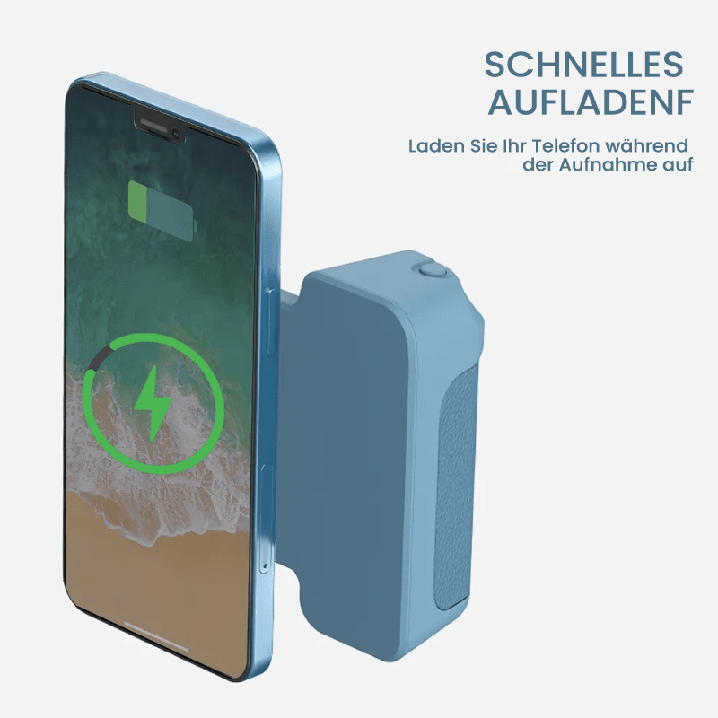 Robuster Kamera-Griff mit Magnet für Smartphones, inklusive abnehmbarer Bluetooth-Fernbedienung.