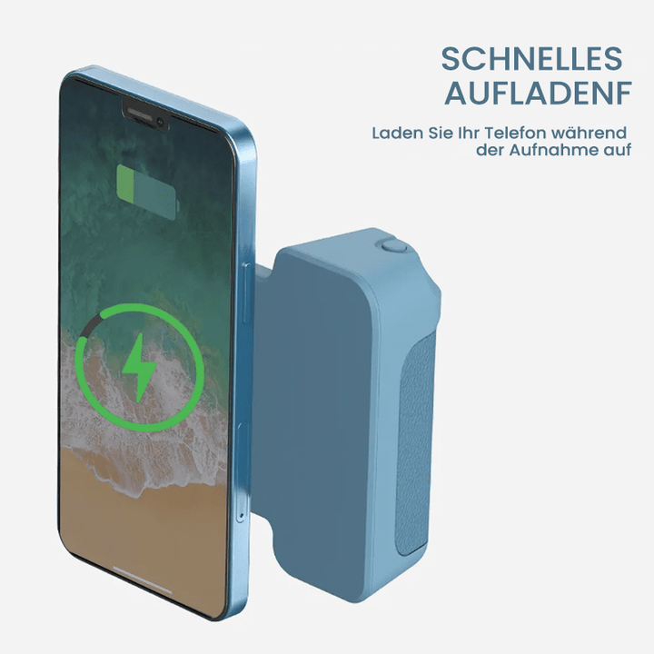 Robuster Kamera-Griff mit Magnet für Smartphones, inklusive abnehmbarer Bluetooth-Fernbedienung.