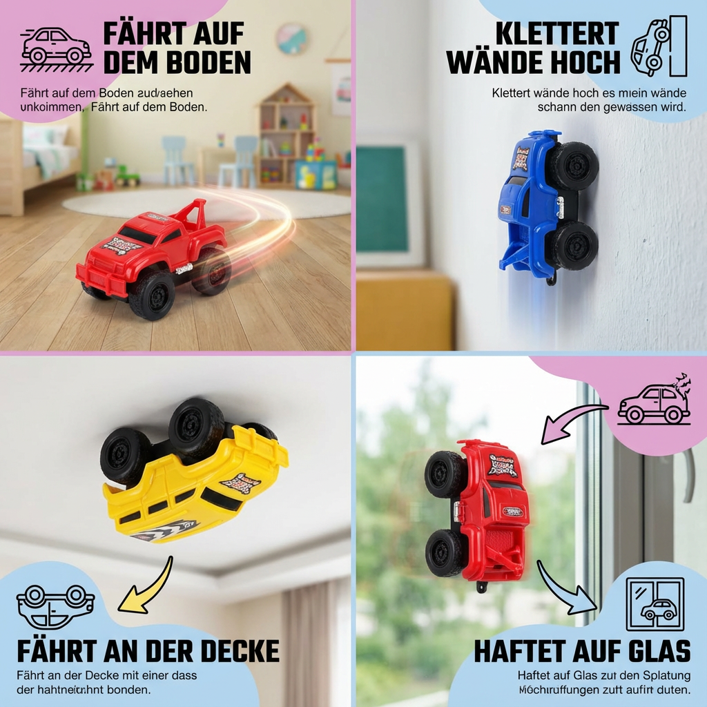 Fördert Motorik & Kreativität: Kinder lenken bunte magnetische Wandautos auf spannenden Bahnen.