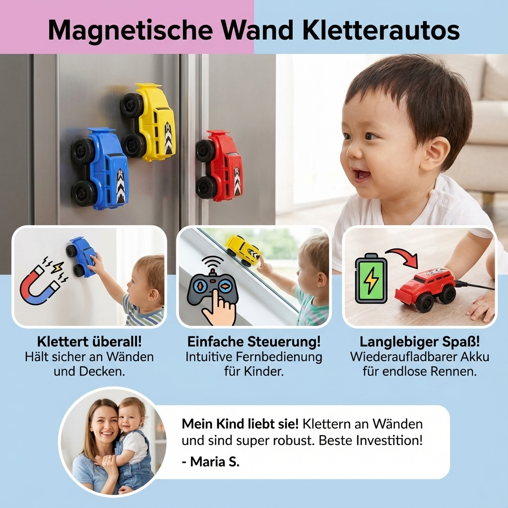 Ideales Geschenk für Kinder: Abenteuerliche magnetische Rennautos, die Wände hochklettern.