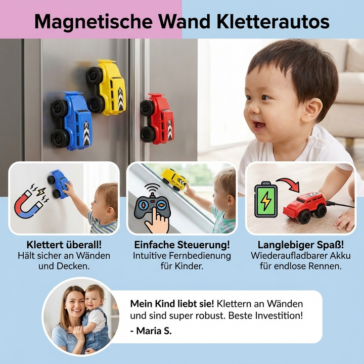 Ideales Geschenk für Kinder: Abenteuerliche magnetische Rennautos, die Wände hochklettern.