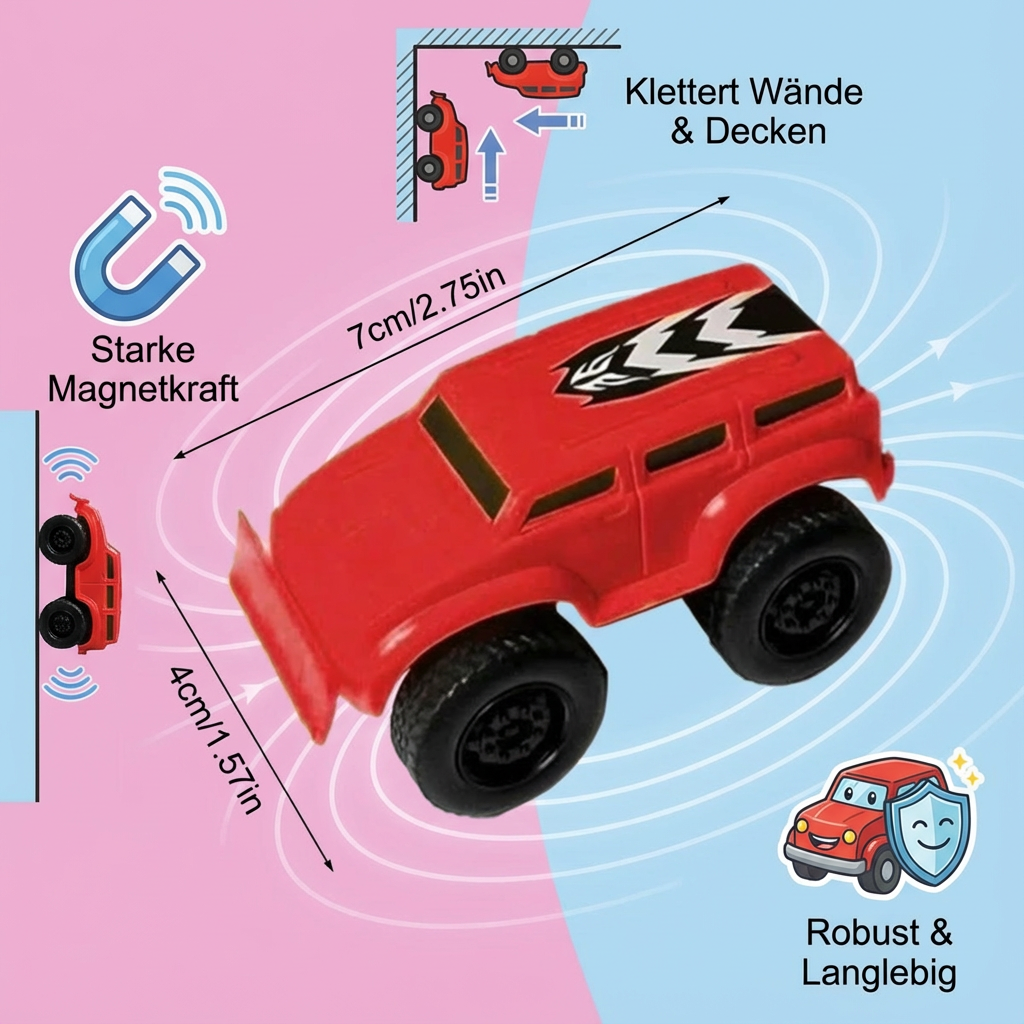 Nahaufnahme eines blauen Magnetautos, das spielerisch an einer magnetischen Wand hochklettert.