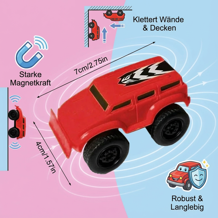 Nahaufnahme eines blauen Magnetautos, das spielerisch an einer magnetischen Wand hochklettert.