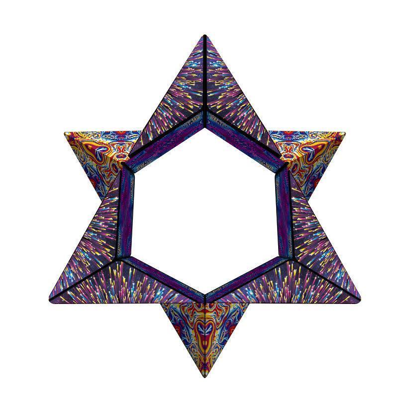 Formwandel-Würfel, magnetisches Puzzle in offener Form, zeigt bunte Quadrate und die Verwandlung.