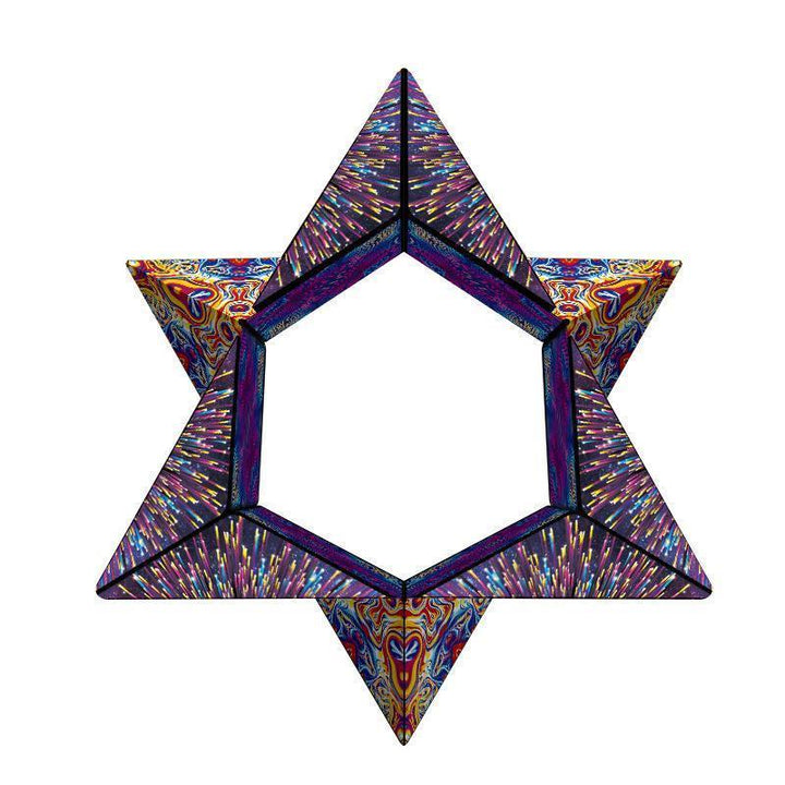 Formwandel-Würfel, magnetisches Puzzle in offener Form, zeigt bunte Quadrate und die Verwandlung.
