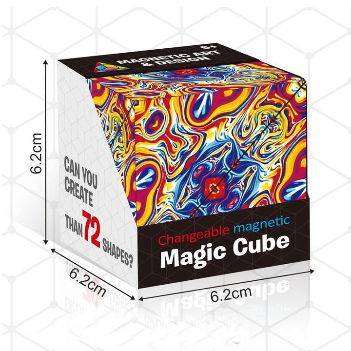 Mehrere farbenfrohe Magnetwürfel in verschiedenen Verwandlungsformen, kreatives Puzzle und Fidget-Spielzeug.