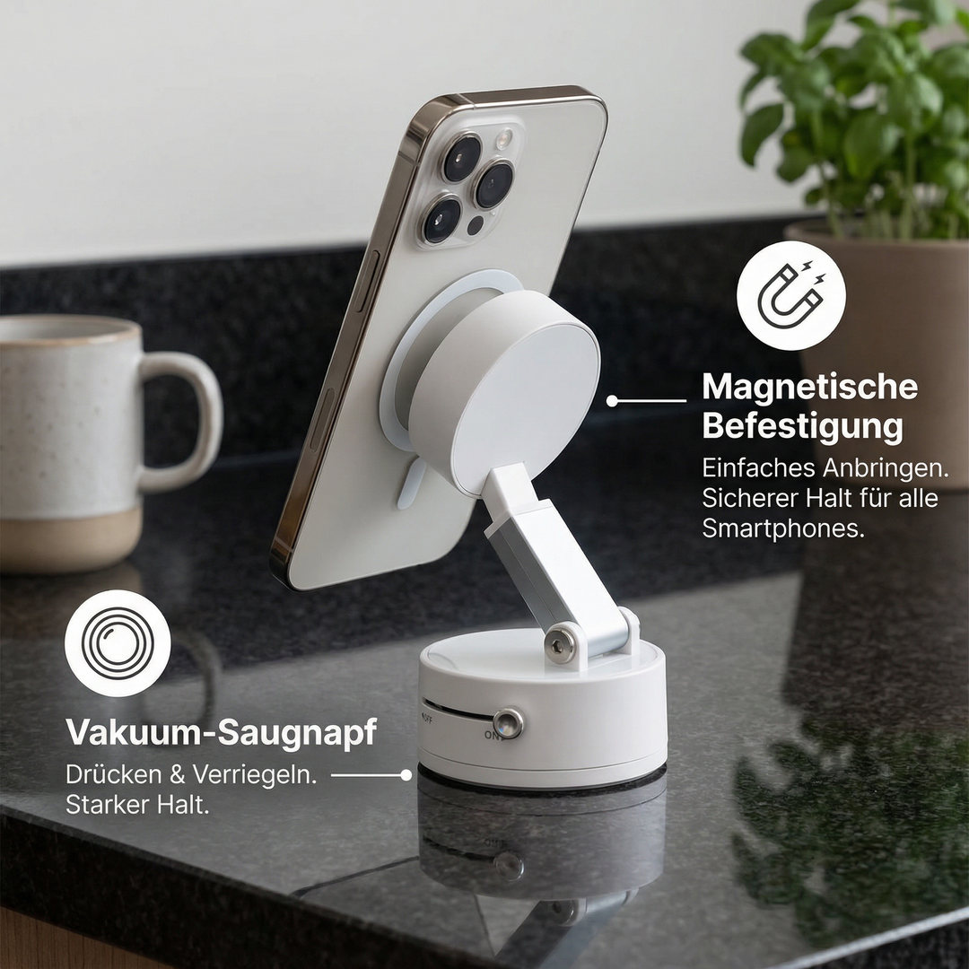 Doppelseitiger faltbarer Magnet-Handyhalter mit starkem Vakuum-Saugnapf. Universelles Smartphone Zubehör für sicheren Halt.