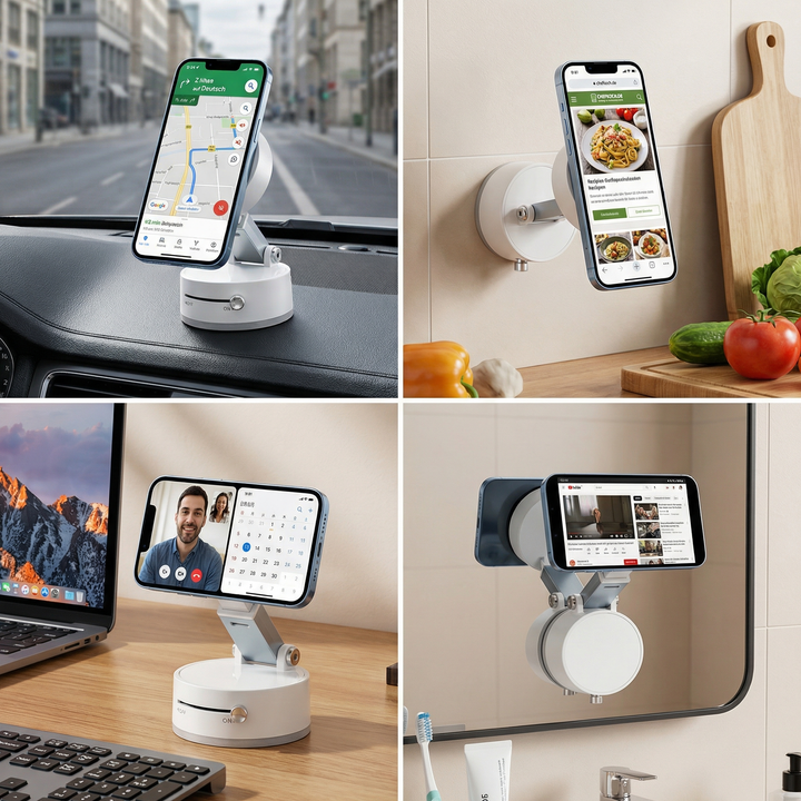 Praktischer schwarzer faltbarer Handyhalter mit Magnet & Saugnapf. Ideal für freihändige Smartphone Nutzung in Büro, Küche, Reisen.