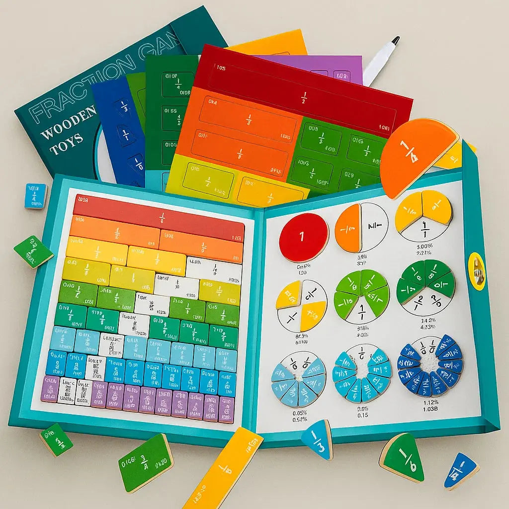 Magnetisches Bruch-Lernset für Kinder mit Bruchkacheln und Bruchkreisen auf einem Tisch; visuelles Mathe lernen.