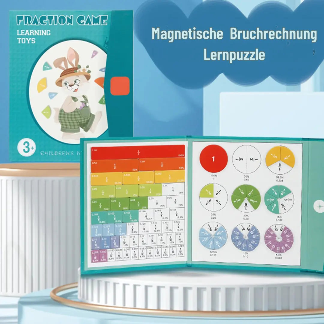 Detailaufnahme der magnetischen Bruchkacheln in verschiedenen Farben und Größen; Lernhilfe für Grundschule Mathe.
