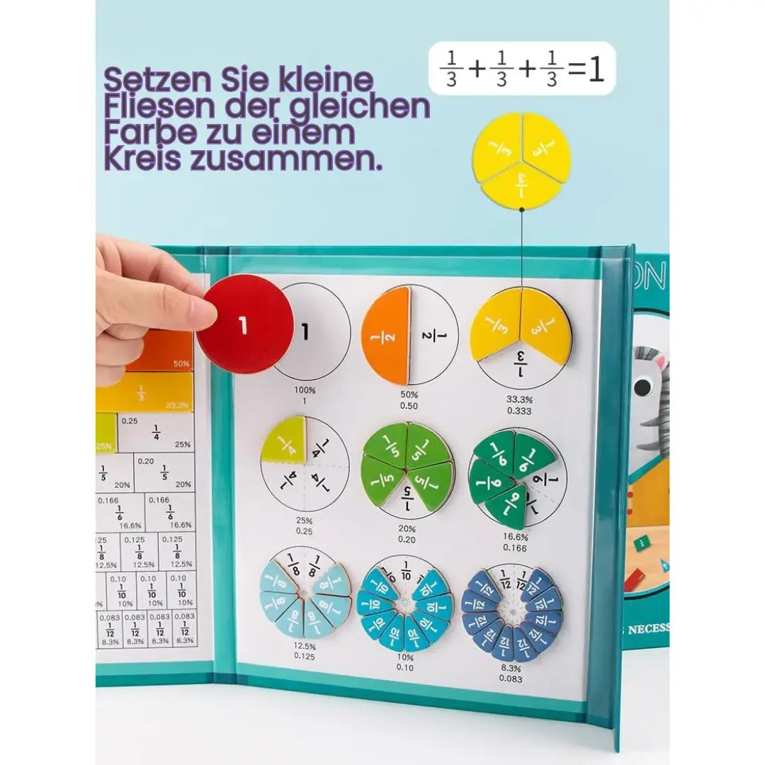 Nahaufnahme bunter magnetischer Bruchkreise, die Brüche wie 1/2, 1/4, 1/8 veranschaulichen; Rechnen lernen.