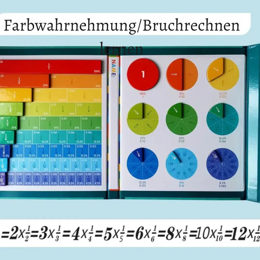 Alle Teile des magnetischen Bruch-Lernsets: bunte Bruchkacheln, Bruchkreise, Aufbewahrungsbox; Mathe Lernspiel.