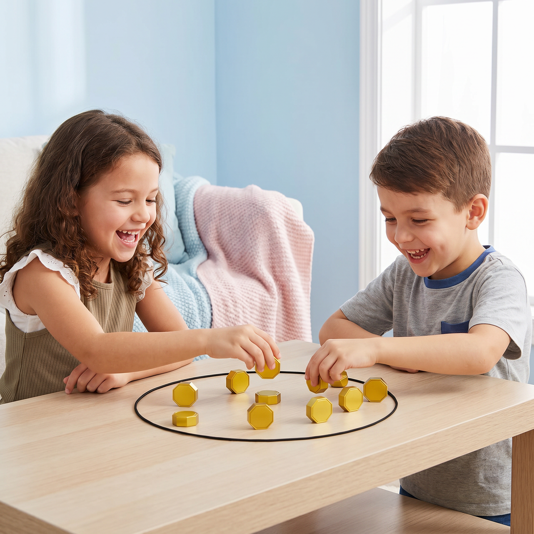 Detailansicht magnetisches Strategiespiel-Set. Farbenfrohe Spielsteine & Spielbrett. Fördert Denkvermögen & Geschicklichkeit.