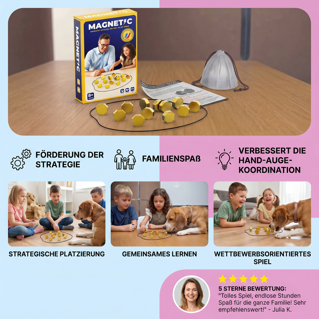 Familie spielt interaktives magnetisches Strategiespiel. Kinder & Erwachsene genießen Freizeit mit Denk- & Geschicklichkeits-Challenge.