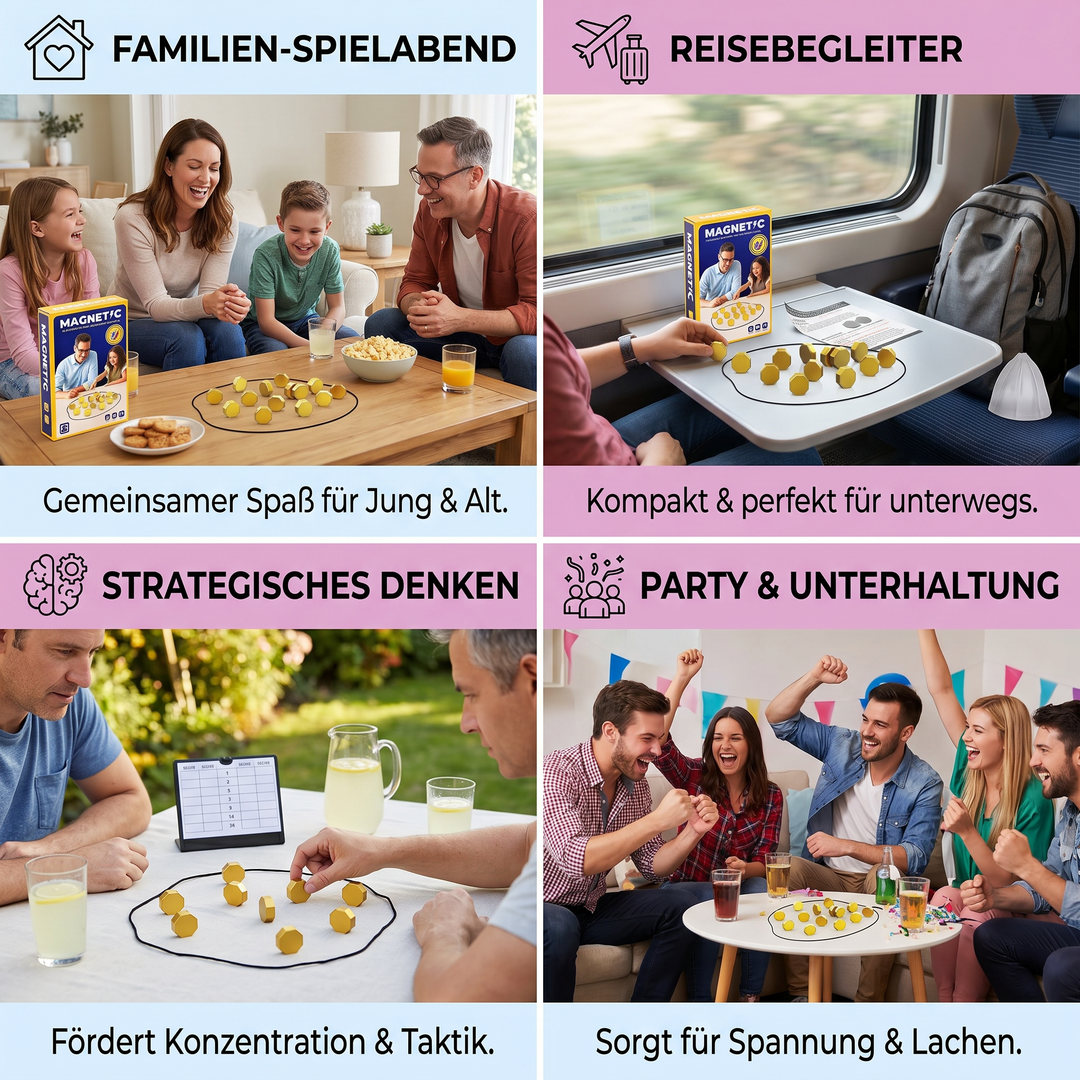 Nahaufnahme magnetische Spielsteine des Strategie-Brettspiels. Hochwertiges Familienspiel, fördert strategisches Denken & Geschick.