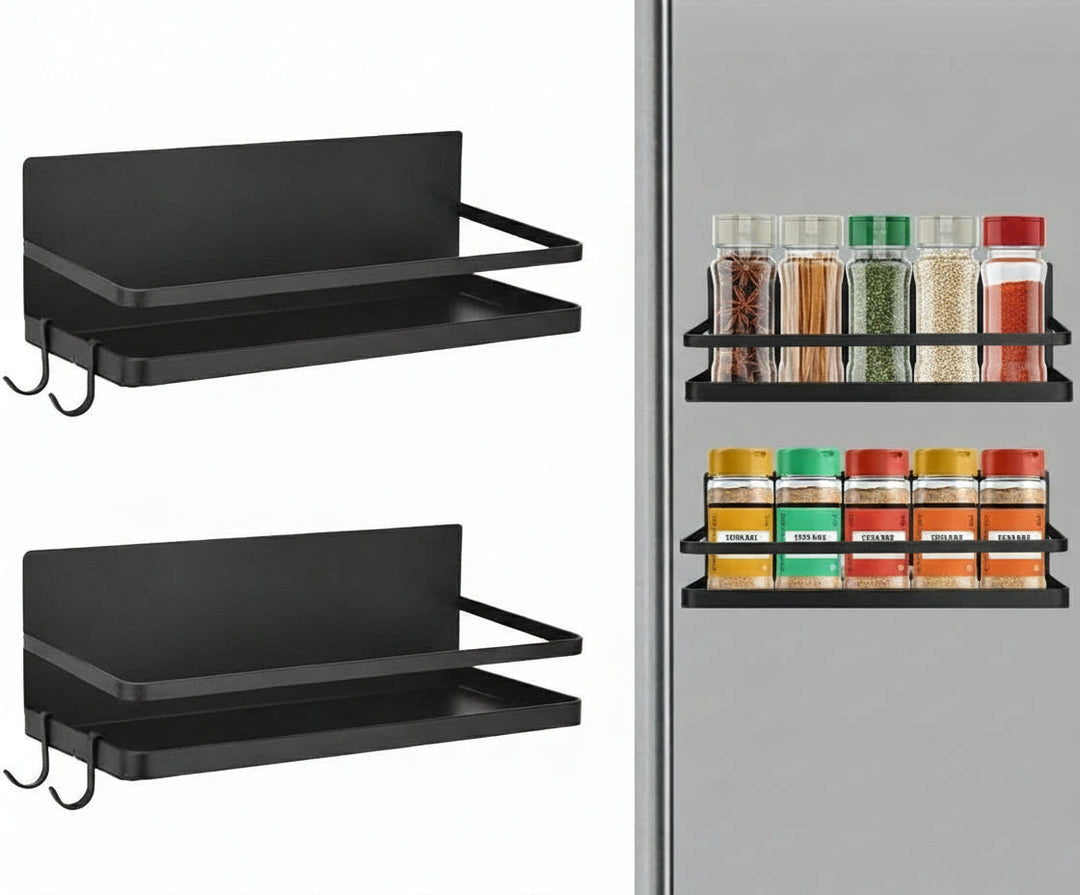 Magnetisches Gewürzregal Set Schwarz für bohrfreie Küchen-Organisation, platzsparend.