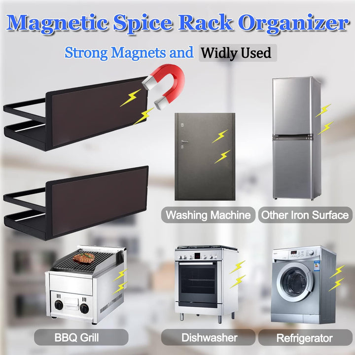 Vollständiges magnetisches Gewürzregal Set in Schwarz, ideal als Küchenorganizer, platzsparend.