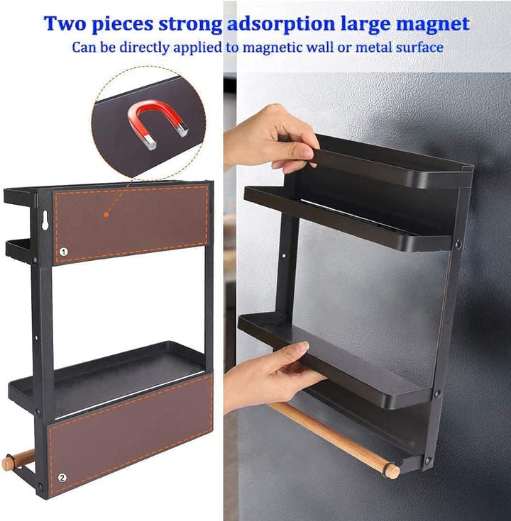 Platzsparendes magnetisches Küchenregal in Schwarz mit Papiertuchhalter & Gewürzablage für mehr Ordnung in der Küche.