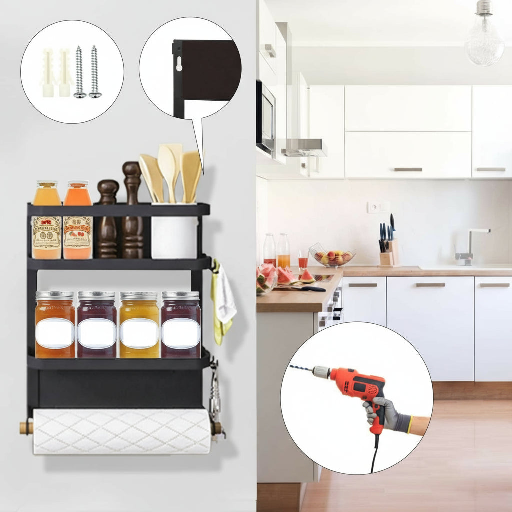 Schwarzes magnetisches Küchenregal für Gewürze & Papiertücher. Ideales Küchenzubehör für Kühlschrank-Aufbewahrung.