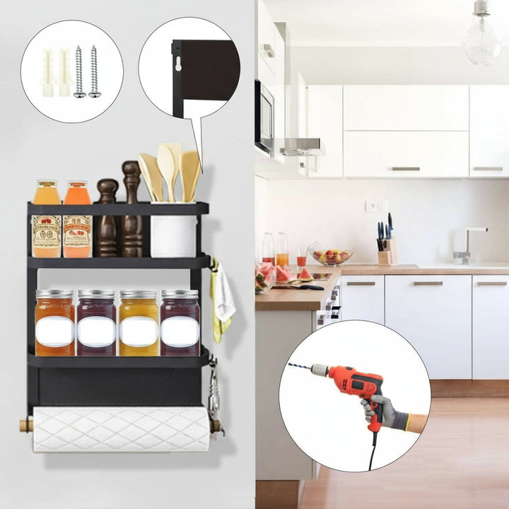 Schwarzes magnetisches Küchenregal für Gewürze & Papiertücher. Ideales Küchenzubehör für Kühlschrank-Aufbewahrung.
