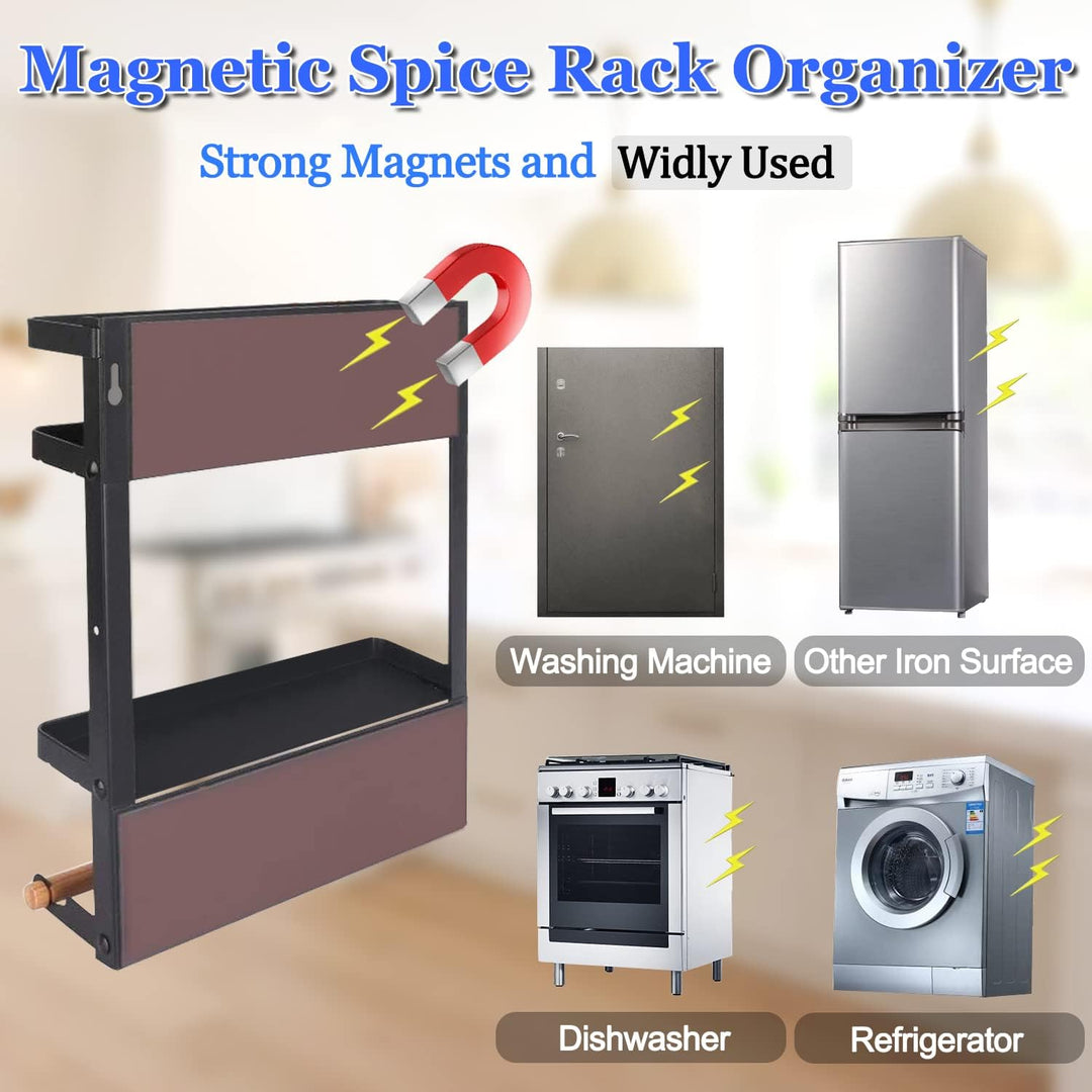 Einfach anbringbares magnetisches Gewürzregal mit integriertem Papiertuchhalter. Organisiert Ihre Küche smart.