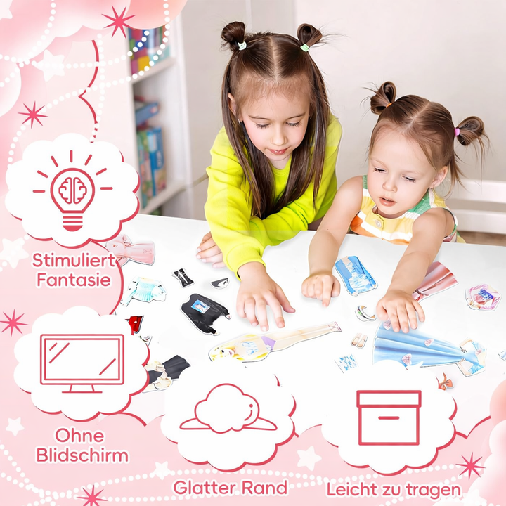 Bunte Magnet-Papierpuppen im Spielset: Ideal für Kinder, fördert Kreativität, Farbenlehre und haptisches Lernen.