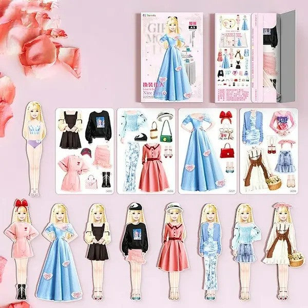 Kinder gestalten Outfits mit magnetischen Anziehpuppen und vielfältiger Mode im Spielset.